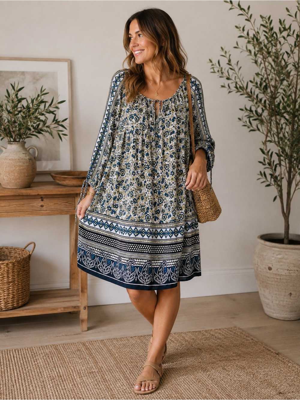 Lovestitch Bohemian Style Floral Boho Border Print Peasant Mini Dress Size L